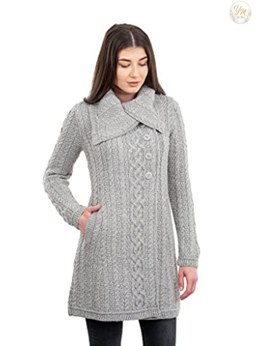 SAOL Irish Aran Stitching Women's Cardigan Sweater Merino Wool Blend Side